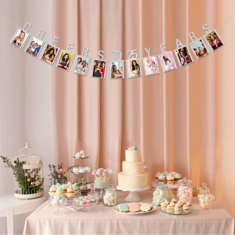 INNORU Cheers to 25 Years Photo Banner with Photo Frame 25th Birthday Sign Bunting 25th Marriage Anniversary Birthday Milestone Anniversary Party Photo Banner Decoration, Glitter Silver - Image 5